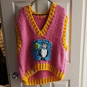 Colorful Knit Vest with Bear Design